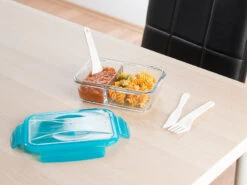 Rosenstein & Söhne Gefrierdosen Glas:Glas-Frischhaltedose, 2 Kammern, Besteck, Klick-Deckel, -20 Bis 520 °C -Einrichtungsgeschäft nx9716 10