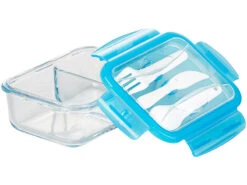 Rosenstein & Söhne Gefrierdosen Glas:Glas-Frischhaltedose, 2 Kammern, Besteck, Klick-Deckel, -20 Bis 520 °C