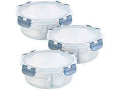 Rosenstein & Söhne Vorratsdosen Glas:3er-Set Glas-Frischhaltedosen, 3 Kammern, Klick-Deckel, -20 Bis 520°C