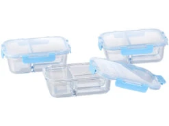 Rosenstein & Söhne Glasdosen:3er-Set Glas-Frischhaltedosen Mit Klick-Deckeln & 3 Kammern, 1 L -Einrichtungsgeschäft nx9785 8