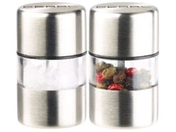 PEARL Salz Und Pfeffer Streuer:2er-Set Mini-Salz- & Pfeffermühlen, Edelstahl, Keramikmahlwerk, Ø 3 Cm