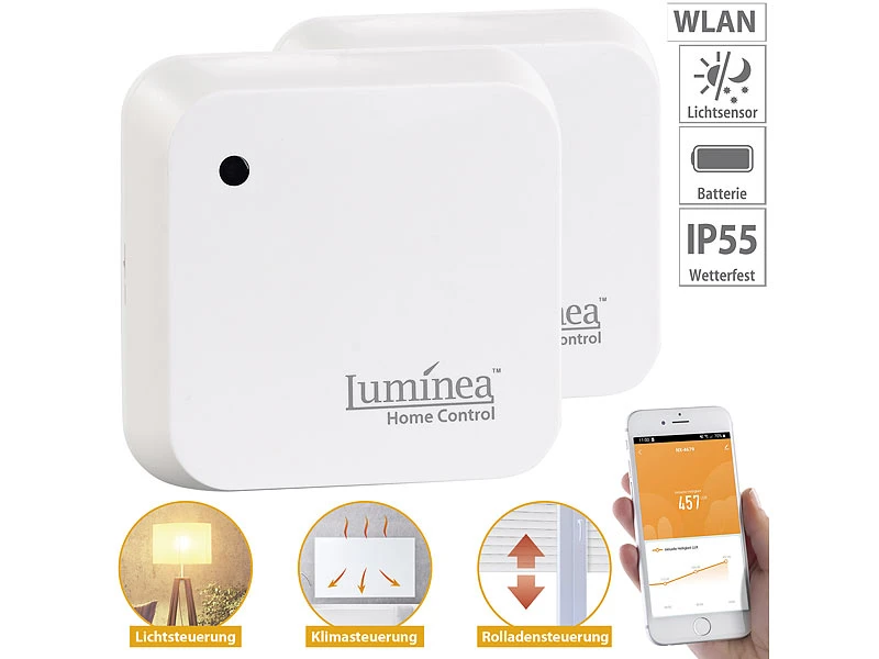 Luminea Home Control Sonnensensor:2er-Set Wetterfeste WLAN-Licht- & Dämmerungs-Sensoren Mit App, IP55 3 Luminea Home Control Sonnensensor:2er-Set Wetterfeste WLAN-Licht- & Dämmerungs-Sensoren Mit App, IP55