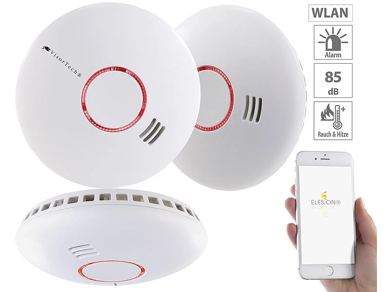 VisorTech Rauchmelder WLAN:3er-Set WLAN-Rauch- & Hitzemelder Mit Weltweiter App-Benachrichtigung 3 VisorTech Rauchmelder WLAN:3er-Set WLAN-Rauch- & Hitzemelder Mit Weltweiter App-Benachrichtigung