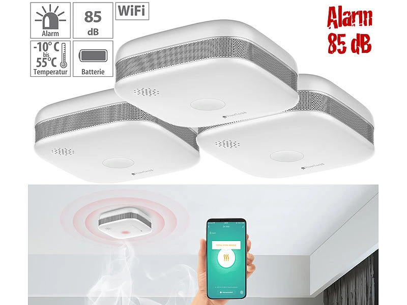 VisorTech WiFi Rauchmelder:3er-Set WLAN-Design-Rauchmelder Mit Weltweiter App-Benachrichtigung 3 VisorTech WiFi Rauchmelder:3er-Set WLAN-Design-Rauchmelder Mit Weltweiter App-Benachrichtigung