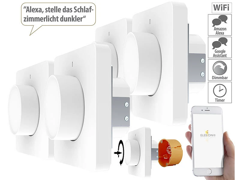 Luminea Home Control Alexa Dimmer-Schalter:4er WLAN-Lichtschalter & Dimmer Mit Dreh-/Drück-Funktion Und App 3 Luminea Home Control Alexa Dimmer-Schalter:4er WLAN-Lichtschalter & Dimmer Mit Dreh-/Drück-Funktion Und App