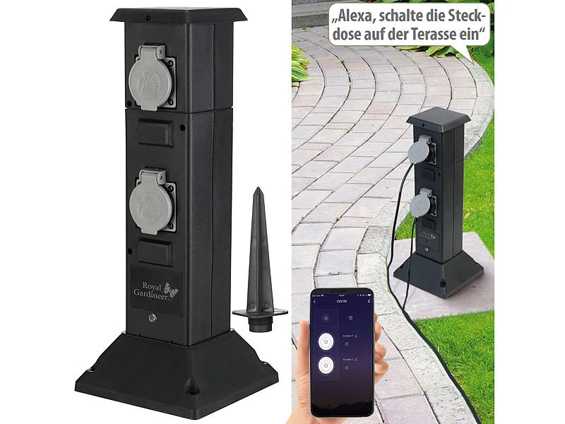 Royal Gardineer WLAN Gartensteckdose:4-fach-WLAN-Outdoor-Steckdosen-Säule, App, Sprachsteuerung, 16 A, IP44 4 Royal Gardineer WLAN Gartensteckdose:4-fach-WLAN-Outdoor-Steckdosen-Säule, App, Sprachsteuerung, 16 A, IP44 – Bild 2