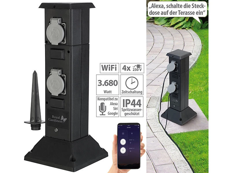 Royal Gardineer WLAN Gartensteckdose:4-fach-WLAN-Outdoor-Steckdosen-Säule, App, Sprachsteuerung, 16 A, IP44 3 Royal Gardineer WLAN Gartensteckdose:4-fach-WLAN-Outdoor-Steckdosen-Säule, App, Sprachsteuerung, 16 A, IP44