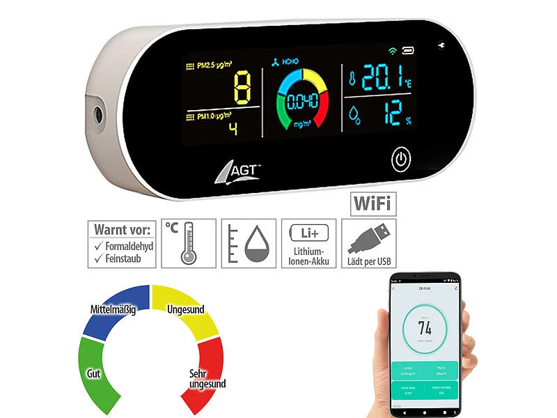 AGT Luftmesser:5in1-Akku-Luftqualitätsmesser, HCHO, PM1/2,5, Temperatur U.v.m., App 3 AGT Luftmesser:5in1-Akku-Luftqualitätsmesser, HCHO, PM1/2,5, Temperatur U.v.m., App