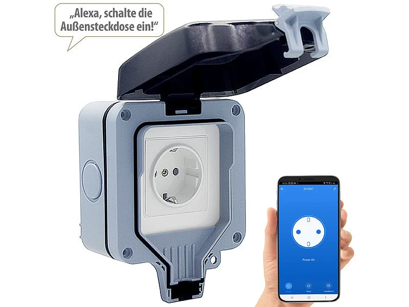 Luminea Home Control WLAN Outdoor Steckdose:2er-Set Outdoor-WLAN-Aufputzsteckdosen, Sprachsteuerung, Messung, App 11 Luminea Home Control WLAN Outdoor Steckdose:2er-Set Outdoor-WLAN-Aufputzsteckdosen, Sprachsteuerung, Messung, App – Bild 9