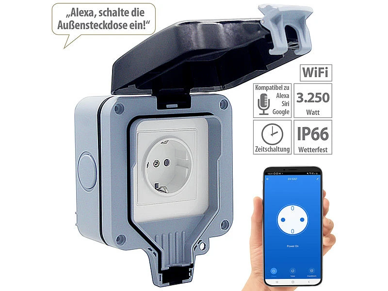 Luminea Home Control WLAN Outdoor Steckdose:2er-Set Outdoor-WLAN-Aufputzsteckdosen, Sprachsteuerung, Messung, App 3 Luminea Home Control WLAN Outdoor Steckdose:2er-Set Outdoor-WLAN-Aufputzsteckdosen, Sprachsteuerung, Messung, App