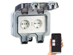 Luminea Home Control Außensteckdose WLAN:2er-Set Outdoor-WLAN-Doppelsteckdosen, Sprachbefehl, Strommessung, App -Einrichtungsgeschäft zx5268 20