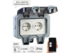 Luminea Home Control Außensteckdose WLAN:2er-Set Outdoor-WLAN-Doppelsteckdosen, Sprachbefehl, Strommessung, App -Einrichtungsgeschäft zx5268 22