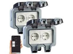 Luminea Home Control Außensteckdose WLAN:2er-Set Outdoor-WLAN-Doppelsteckdosen, Sprachbefehl, Strommessung, App -Einrichtungsgeschäft zx5275 1