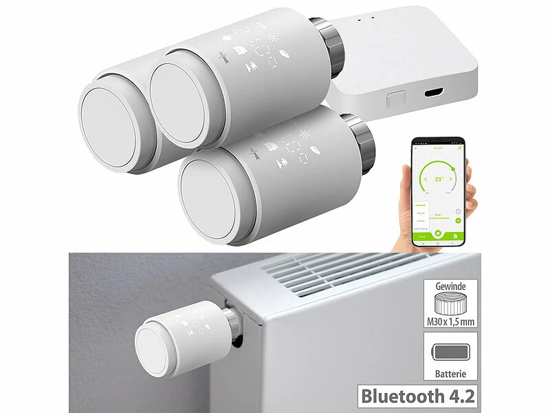 Revolt Heizkörperthermostate:3er-Set Programmierbare Heizkörper-Thermostate Mit WLAN-Gateway & App 3 Revolt Heizkörperthermostate:3er-Set Programmierbare Heizkörper-Thermostate Mit WLAN-Gateway & App