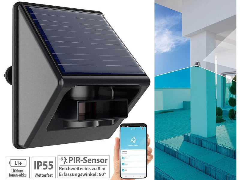 Luminea Home Control App-Bewegungsmelder:Outdoor-PIR-Sensor Mit ZigBee-WLAN-Gateway Und Solarpanel, IP55 3 Luminea Home Control App-Bewegungsmelder:Outdoor-PIR-Sensor Mit ZigBee-WLAN-Gateway Und Solarpanel, IP55