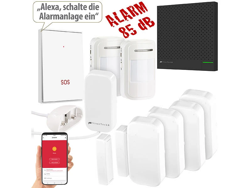 VisorTech Drahtlose Alarmanlage:9-teiliges Funk-Alarmanlagen-Set Mit 7 Sensoren, SOS-Taster, WLAN, App 3 VisorTech Drahtlose Alarmanlage:9-teiliges Funk-Alarmanlagen-Set Mit 7 Sensoren, SOS-Taster, WLAN, App