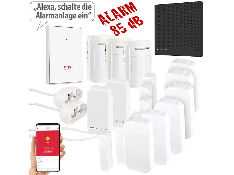 VisorTech Alarmanlage Drahtlos:13-teiliges Funk-Alarmanlagen-Set: 11 Sensoren, SOS-Taster, WLAN, App 3 VisorTech Alarmanlage Drahtlos:13-teiliges Funk-Alarmanlagen-Set: 11 Sensoren, SOS-Taster, WLAN, App