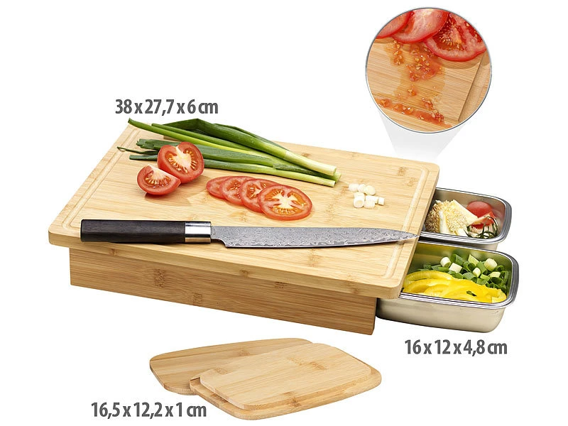 Rosenstein & Söhne Bambusbrett:XL-Bambus-Schneidebrett Und 2 Edelstahl-Auffangbehälter Mit Deckeln 4 Rosenstein & Söhne Bambusbrett:XL-Bambus-Schneidebrett Und 2 Edelstahl-Auffangbehälter Mit Deckeln – Bild 2