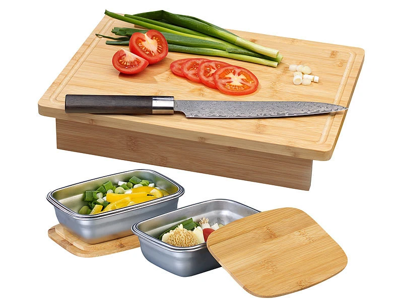 Rosenstein & Söhne Bambusbrett:XL-Bambus-Schneidebrett Und 2 Edelstahl-Auffangbehälter Mit Deckeln 5 Rosenstein & Söhne Bambusbrett:XL-Bambus-Schneidebrett Und 2 Edelstahl-Auffangbehälter Mit Deckeln – Bild 3
