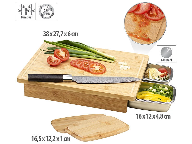 Rosenstein & Söhne Bambusbrett:XL-Bambus-Schneidebrett Und 2 Edelstahl-Auffangbehälter Mit Deckeln 3 Rosenstein & Söhne Bambusbrett:XL-Bambus-Schneidebrett Und 2 Edelstahl-Auffangbehälter Mit Deckeln