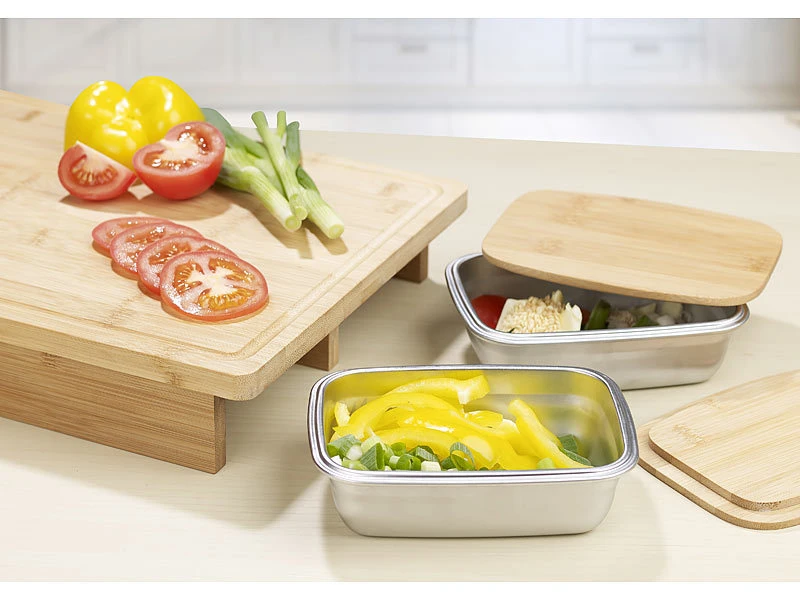 Rosenstein & Söhne Bambusbrett:XL-Bambus-Schneidebrett Und 2 Edelstahl-Auffangbehälter Mit Deckeln 7 Rosenstein & Söhne Bambusbrett:XL-Bambus-Schneidebrett Und 2 Edelstahl-Auffangbehälter Mit Deckeln – Bild 5