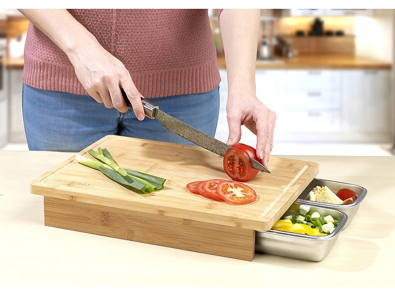 Rosenstein & Söhne Bambusbrett:XL-Bambus-Schneidebrett Und 2 Edelstahl-Auffangbehälter Mit Deckeln 6 Rosenstein & Söhne Bambusbrett:XL-Bambus-Schneidebrett Und 2 Edelstahl-Auffangbehälter Mit Deckeln – Bild 4