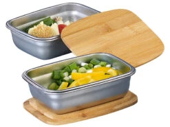 Rosenstein & Söhne Schüssel:2er-Set Edelstahl-Aufbewahrungsschale Mit Bambusdeckel