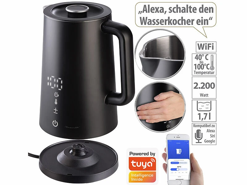 Rosenstein & Söhne Wasserkocher Alexa:Smarter WLAN-Wasserkocher 1,7 L Cool-Touch, Temperaturwahl, App, 2200W 3 Rosenstein & Söhne Wasserkocher Alexa:Smarter WLAN-Wasserkocher 1,7 L Cool-Touch, Temperaturwahl, App, 2200W