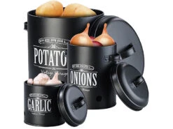 Rosenstein & Söhne Kartoffel Aufbewahrung:3er-Set Vorratsbehälter Retro-Look Mit Deckeln & Tragegriffen, Schwarz