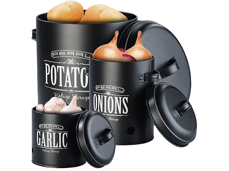 Rosenstein & Söhne Kartoffel Aufbewahrung:3er-Set Vorratsbehälter Retro-Look Mit Deckeln & Tragegriffen, Schwarz 3 Rosenstein & Söhne Kartoffel Aufbewahrung:3er-Set Vorratsbehälter Retro-Look Mit Deckeln & Tragegriffen, Schwarz