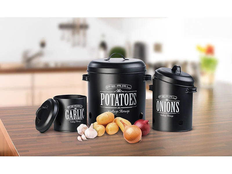 Rosenstein & Söhne Kartoffel Aufbewahrung:3er-Set Vorratsbehälter Retro-Look Mit Deckeln & Tragegriffen, Schwarz 5 Rosenstein & Söhne Kartoffel Aufbewahrung:3er-Set Vorratsbehälter Retro-Look Mit Deckeln & Tragegriffen, Schwarz – Bild 3