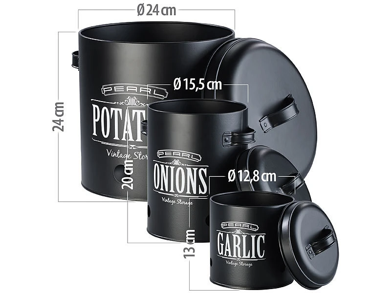 Rosenstein & Söhne Kartoffel Aufbewahrung:3er-Set Vorratsbehälter Retro-Look Mit Deckeln & Tragegriffen, Schwarz 4 Rosenstein & Söhne Kartoffel Aufbewahrung:3er-Set Vorratsbehälter Retro-Look Mit Deckeln & Tragegriffen, Schwarz – Bild 2