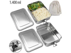 Rosenstein & Söhne Bento-Boxen:2er-Set Edelstahl-Lunchboxen, Dichtungsring, Spülmaschinenfest, 1,4 L