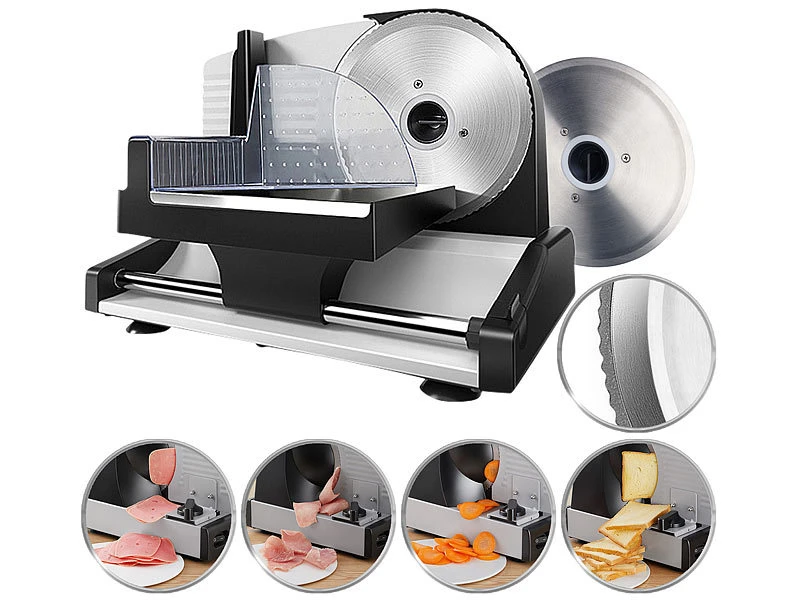 Rosenstein & Söhne Brotschneidemaschine:Elektrischer Allesschneider Mit 2 Edelstahl-Klingen, 1 - 15 Mm, 150 W 4 Rosenstein & Söhne Brotschneidemaschine:Elektrischer Allesschneider Mit 2 Edelstahl-Klingen, 1 - 15 Mm, 150 W – Bild 2