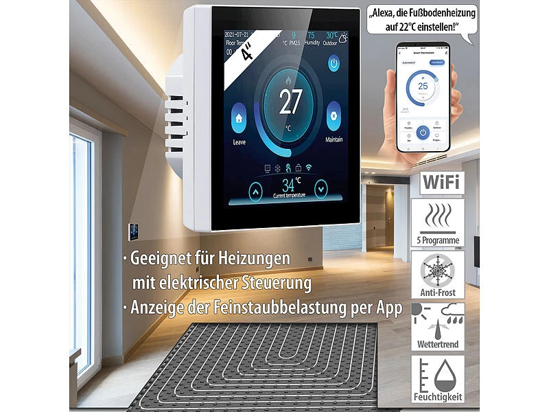 Revolt Funkthermostat:WLAN-Fußbodenheizung-Thermostat Mit Touchdisplay, Feinstaub-Anzeige 3 Revolt Funkthermostat:WLAN-Fußbodenheizung-Thermostat Mit Touchdisplay, Feinstaub-Anzeige