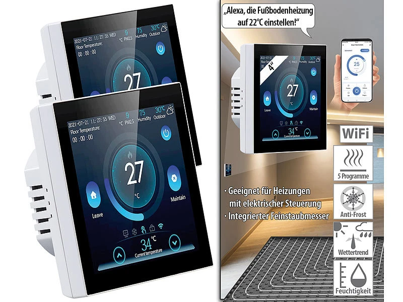 Revolt Thermostat Heizung WLAN:2er-Set WLAN-Thermostate Für Fußbodenheizungen, Touchdisplay 3 Revolt Thermostat Heizung WLAN:2er-Set WLAN-Thermostate Für Fußbodenheizungen, Touchdisplay