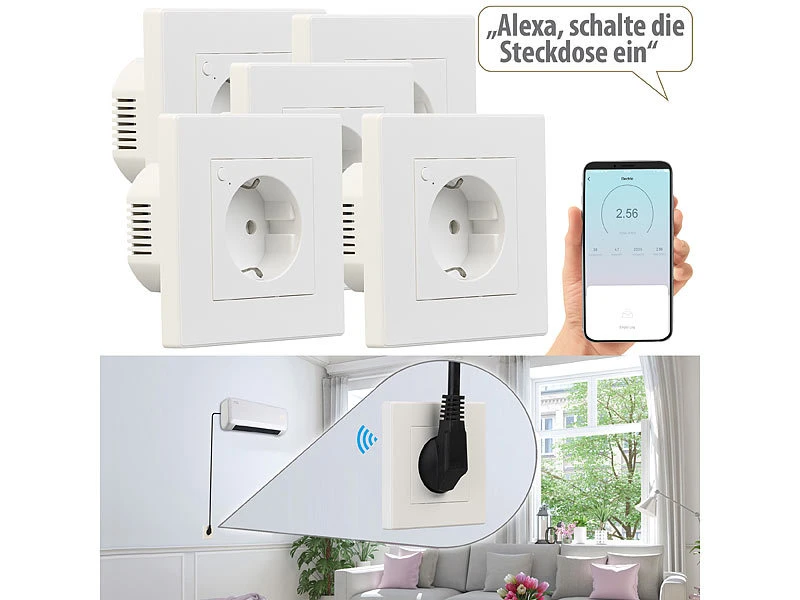 Luminea Home Control Amazon Alexa Steckdose:5er-Set WLAN-Unterputz-Steckdosen Mit Verbrauch-Messung, App, 3.680 W 4 Luminea Home Control Amazon Alexa Steckdose:5er-Set WLAN-Unterputz-Steckdosen Mit Verbrauch-Messung, App, 3.680 W – Bild 2