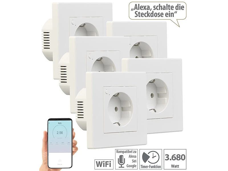 Luminea Home Control Amazon Alexa Steckdose:5er-Set WLAN-Unterputz-Steckdosen Mit Verbrauch-Messung, App, 3.680 W 3 Luminea Home Control Amazon Alexa Steckdose:5er-Set WLAN-Unterputz-Steckdosen Mit Verbrauch-Messung, App, 3.680 W