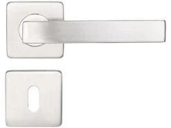 AGT Türbeschlag, Modern:2er-Set Edelstahl-Türbeschlag Mit 2 Klinken & Rosetten, Eckig, Silbern -Einrichtungsgeschäft zx8083 1 1