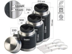 Semptec Thermobecher To-Go:3er-Set Doppelwand-Edelstahl-Thermobecher Mit Löffel, 350/500/750 Ml